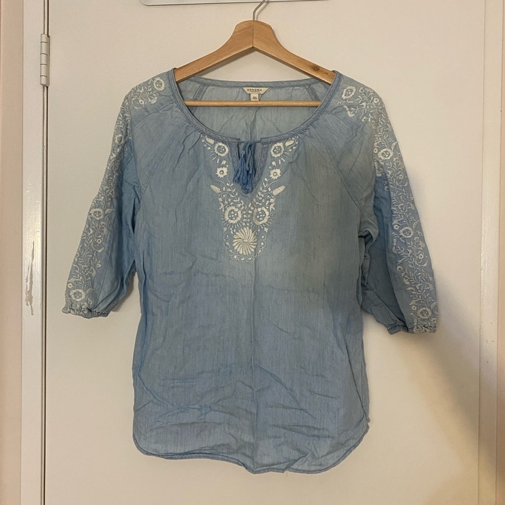 Sonoma Light Blue Blouse with White Embroidery
